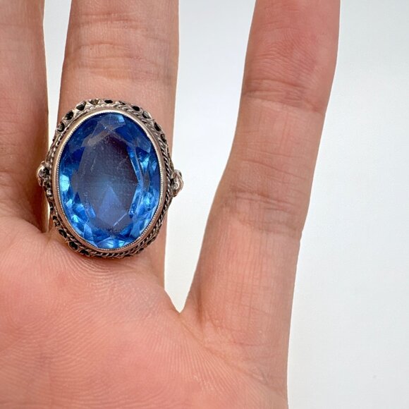 VTG Sterling Silver 925 Blue Cubic Zirconia Rope Border Statement Ring Size 6 - Picture 8 of 12